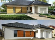 Elewacja frontowa. Na górnym zdjęciu projekt domu, na dolnym realizacja. Inwestorzy ograniczyli w stosunku do projektu ilość drewna na elewacji. Poszerzyli też i skrócili nieco otwory okienne. projekty domów, domy realizacje