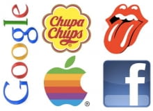 logotypy: facebook. chupa chups, google, rolling stones