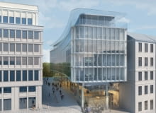 Tak będzie wyglądał biurowiec od strony Nowego Światu. Po lewej - narożnik dawnego Domu Partii, po prawej kamienice przy pl. Trzech Krzyży Tak będzie wyglądał biurowiec od strony Nowego Światu. Po lewej - narożnik dawnego Domu Partii, po prawej kamienice przy pl. Trzech Krzyży