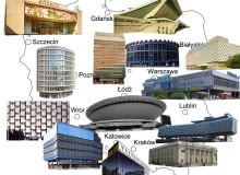 Zabytki architektury PRL na mapie Polski. kolaż: Tomasz Sachanowicz / dynamo architekci Zabytki architektury PRL na mapie Polski. kolaż: Tomasz Sachanowicz / dynamo architekci