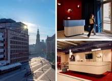 Fot. z lewej: budynek dawnej Miejskiej Kasy Oszczędności we Wrocławiu; Fot. z prawej: wnętrza B&B HOTEL Wrocław Old Town, proj.  AKA Studio