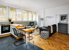 kawalerka, nowoczesny salon z aneksem kuchennym