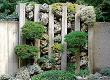 Ogrodzenie - skalniak. W szczelinach między kamieniami rosną bodziszki dalmackie, rogownice, paprotki (Polypodium), dzwonki, kosówka oraz irga Dammera. 16.07.2003 BRNO ARBORETUM WYZSZEJ SZKOLY ROLNICZEJ W BRNIE SZTUCZNE SKALY SKALA SZTUCZNA TUF WULKANICZNY BETON KRZEWY IGLASTE LISCIASTE BYLINY OGROD SKALNY POMYSLY FOT PAWEL SLOMCZYNSKI / AGENCJA GAZETA