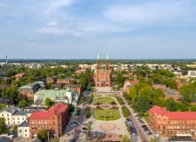 Żyrardów - widok osady fabrycznej i kościoła farnego z lotu ptaka Żyrardów - widok osady fabrycznej i kościoła farnego z lotu ptaka