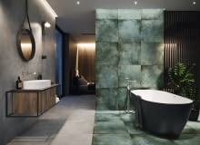 Podział łazienki może wynikać z kolorystyki wyznaczającej granice – tu strefy WYZNACZYĆ? wyznaczono za pomocą oryginalnych płytek na podłodze i ścianie. Podział łazienki może wynikać z kolorystyki wyznaczającej granice – tu strefy WYZNACZYĆ? wyznaczono za pomocą oryginalnych płytek na podłodze i ścianie.