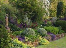 rabata w angielskim stylu A colourful border of Alchillea, Heuchera, Bergenia and roses with Euonymus fortunei balls - Whichford House story SLOWA KLUCZOWE: Alchemilla mollis August Ball Beet B lle Euonymus Farbe Figur Garten Heuchera Kugel Kugeln Land Laub Purpurgl^ckchen Rosa Sommer Spindelstr ucher Statue Topiari Topiary englisch englische uk