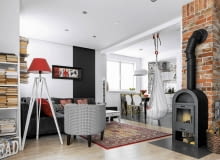 Otwarta przestrzeń została podzielona na strefy. Wąską paletę barwną uzupełniono o akcenty nasyconej czerwieni. Dom wnętrza dla rodziny, salon, urządzanie wnętrz, aranżacja wnętrz