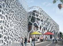 Frontowa elewacja budynku przypominać będzie ogromny plaster miodu lub budownictwo pająków. Frontowa elewacja budynku przypominać będzie ogromny plaster miodu lub budownictwo pająków.