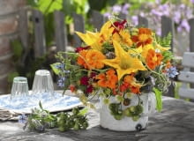 Gwiazdą tej słonecznej kompozycji są żółte kwiaty cukinii, a uzupełnieniem nasturcja, lebiodka (oregano) i ogórecznik. Towarzyszą im liście pietruszki, baldaszki kopru i zielone pomidorki. Gemuese - Kraeuter - Strausss in altem Emaille -Topf : Blueten von Zucchini ( Cucurbita ), Tropaeolum ( Kapuzinerkresse ), Fenchel ( Foeniculum ), Tomaten ( Lycopersicon ), Karottengruen ( Daucus ), Bohnenblueten ( Phaseolus ) SLOWA KLUCZOWE: Str u?e gelb TERRASSE ZWECKENTFREMDET ORANGE FARBE rot HAUSHALTSGERAET essbare Bl´ten TISCH 000 msgnp13 draussen quer FLORISTIK Sommer