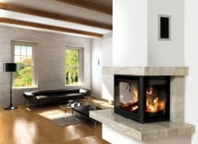 modern living room interior with fireplace (3D rendering)