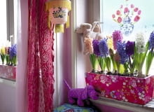 Wielokolorowa kompozycja z różnych odmian hiacyntów. Taki barwny miszmasz świetnie pasuje do dziecięcego pokoju