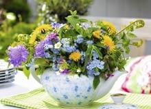 WiesenblumenstrauR mit Vergissmeinnicht, LUwenzahn, ErdbeerblŁten, Scabiosen, Waldmeister, Farnkraut, ImmergrŁn, Wilder Storchschnabel/Ruprechtskraut SLOWA KLUCZOWE: blŁhend Blume BlumenstrauR BlŁte Kanne Myosotis StrauR Tee Teekanne Vergissmeinnicht Wiesenblume WiesenblumenstrauR