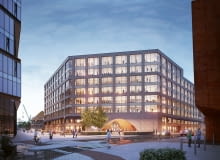 Budynek biurowy - widok na róg ul. Stefana Jaracza i ul. Nowomiejskiejz placu przed Europejskim Centrum Solidarności.