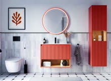 Pomarańczowe meble łazienkowe.