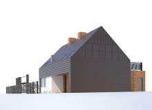 Wizualizacja frontowej elewacji domu. Projekt złożony w konkursie Twój dom - dialog z tradycją. Architektura nawiązuje do tradycyjnych domów z Pojezierza Olsztyńskiego projekt domu, dom nawiązujący do tradycyjnej architektury, projekt konkursowy