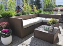 WZDŁUŻ AŻUROWEJ BARIERKI tarasu rosną iglaki w donicach i trawy ozdobne posadzone w skrzyniach. WZDŁUŻ AŻUROWEJ BARIERKI tarasu rosną iglaki w donicach i trawy ozdobne posadzone w skrzyniach.