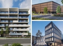 Z lewej: LaVie House; Z prawej - na górze: Błonia Residence; Z prawej na dole: Schindler Office. Proj. STANDart ARCHITEKCI.