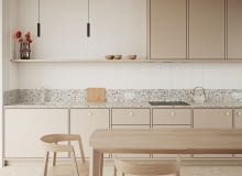 Dekory użyte w aranżacji: Blat Ultrafit: S68048 UR Abruzzo Colore, Płyta laminowana z Kolekcji Mood Stories: U16003 Beż Piaskowy Cienki blat kuchenny - modny element aranżacji kuchni