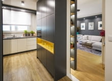 Pomysł na aranżację mieszkania opierał się na połączeniu przestrzeni kuchni, salonu i holu wejściowego oraz na ustawieniu w ich centralnym punkcie ściany-mebla, która od strony kuchni wyposażona została w szafki i szuflady, a od strony salonu jest powierzchnią multimedialną. pomysł na aranżację salonu i kuchni