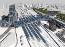 Studencka wizja Dw. Zachodniego. Od lewej widać nowy łącznik kolejowy, wieżowiec, stację KDP, linię metra, pętlę i P+R oraz linię tramwajową