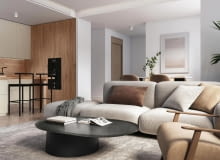 Meble kuchenne - Calcite Szary S62024, Krem U16184, Blat i ścianka Dąb Estana Jasny R20367 kuchnia z wyspą otwarta ba salon