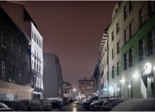 Ulica Kupa, oświetlony hotel po lewej hotel, off white, ovotz design lab., kraków, kazimierz, architektura, projekt