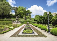 Prostokątne oczka wodne (w tym samym ogrodzie) porastają różowe i białe grzybienie. Prostokątne oczka wodne (w tym samym ogrodzie) porastają różowe i białe grzybienie.