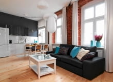 mieszkanie, salon, kuchnia otwarta, ceglana ściana