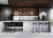 Przedłużony blat tworzy wygodny stół, który zamiast na tradycyjnych nogach stoi na płycie, takiej samej jak reszta zabudowy, dzięki czemu całość jest spójna. juan.pl Przedłużony blat tworzy wygodny stół, który zamiast na tradycyjnych nogach stoi na płycie, takiej samej jak reszta zabudowy, dzięki czemu całość jest spójna. juan.pl