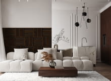 Panele Linea Mini Hazelnut wyglądem przypominają szachownicę, której wzór podkreśla czarny podkład pod drewnianymi listewkami. panele na ścianie