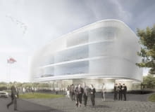 Niedaleko Świątyni Opatrzności Bożej w Wilanowie powstanie nowa siedziba Polskiego Związku Piłki Nożnej. Budynek z pracowni Konior Studio zapowiada się niezwykle interesująco. Postawi ją spółka Warbud. Nowa siedziba PZPN. Widok od frontu budynku.