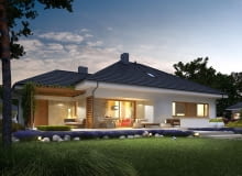 Projekt domu Flo III G1 z dużym tarasem i garażem w bryle. Powierzchnia użytkowa 112,72 m2, dodatkowo powierzchnia poddasza do adaptacji 35,91 m2. Oprócz salonu, na parterze są trzy sypialnie. Cena projektu 2600 zł projekt domu z poddaszem