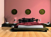 Modern bedroom in ethnic style 3D rendering SLOWA KLUCZOWE: interior furniture situation sofa vase bedroom pillow glass blind white wood niche illumination modern reflection 3D comfort rest area room home decor relax lifestyle furnishings comfortable leisure objects shade family illustration lamp bed blanket black carpet book dream sleep luxurious apartment blanket ethnic jalousie yellow plant