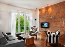 salon, ceglana ściana, aranżacje wnętrz