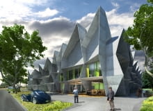 Dom spokojnej starości nad rzeką Ślęzą we Wrocławiu. Widok od strony Południowo - Wschodniej (poziom 0 - restauracja, poziom +1 - mediateka, poziom +2 - kaplica) Dom spokojnej starości nad rzeką Ślęzą we Wrocławiu