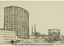 Max Berg przy współpracy Richarda Konwiarza, projekt wieżowca – biurowca dla administracji firm przy zakładach przemysłowych, ul. Tęczowa, widok, 1920,