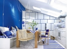 Bogata paleta. Puśćcie wodze fantazji i połączcie różne odcienie: morski, kobaltowy, lazurowy. 5Helle Kueche mit Essecke und Sitzbank im Dachgeschoss