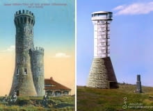 Z lewej: Wieża widokowa na Śnieżniku - pocztówka z początku XX wieku. Z prawej: projekt odbudowy wieży