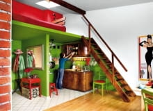 Projekt 1. Antresola znajduje się nad przedpokojem i kuchnią. Prowadzą na nią proste schody z malowanego dębu, do złudzenia przypominającego drewno, z którego jest zrobiony stary kuchenny kredens.