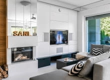 salon z kominkiem, kominek, aranżacja salonu, nowoczesny salon