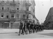 Sylwester „Kris” Braun, Kolumna powstańców z pierwszego plutonu Oddziału Osłonowego Wojskowych Zakładów Wydawniczych maszerująca ulicą Chmielną, połowa sierpnia 1944