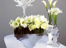 Piękno tej jednorodnej, subtelnej kompozycji podkreśla nowoczesna forma naczynia. Stojące "na baczność" kwiaty zostały przedzielone skórzastymi liśćmi. ONE TIME USE ONLY DO JEDNOKROTNEJ PUBLIKACJI