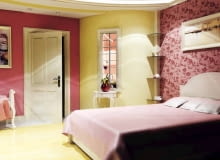 Projektowanie wnętrz. Projekt 1. W sypialni połączono elementy romantyczne (m.in. kwiecista tapeta, bibeloty) z nowoczesnymi (halogeny w podwieszanym suficie). W półokrągłej ściance zrobiono podzielone szprosami okienko z dekoracyjną ramą. Kwiat ustawiony na stylizowanej konsolce wydaje się z ciekawością zaglądać do łazienki. Projektowanie wnętrz. Projekt 1. W sypialni połączono elementy romantyczne (m.in. kwiecista tapeta, bibeloty) z nowoczesnymi (halogeny w podwieszanym suficie). W półokrągłej ściance zrobiono podzielone szprosami okienko z dekoracyjną ramą. Kwiat ustawiony na stylizowanej konsolce wydaje się z ciekawością zaglądać do łazienki.