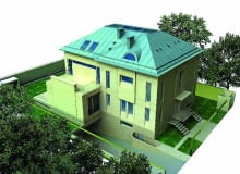 Widok na dom od strony ulicy. Widoczne elementy dobudowane: teas nad jadalnią, okna połąciowe doświetlajace poddasze, rozbudowany dach kryjący użytkowe poddasze oraz świetliki dachowe nad holem i sypialniami dom jednorodzinny projekt