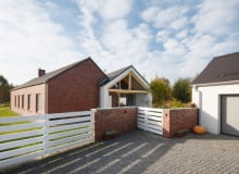 Nietypowe połączenie dwóch brył - ten bliźniak zaprzecza utartym schematom myślenia o budownictwie jednorodzinnym elewacja frontowa, dom jednorodzinny, realizacje domów