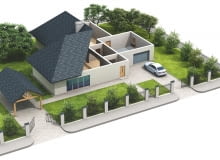 Dom jednorodzinny z garażem na poziomie parteru oraz z wiatą. Główna brama wjazdowa prowadzi do garażu - przesuwna, otwierana automatycznie. Dodatkowa brama wjazdowa - dwuskrzydłowa, otwierana ręcznie - prowadzi do wiaty samochodowej Dom jednorodzinny z garażem na poziomie parteru oraz z wiatą