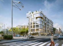 Wizualizacja budynku biurowo-usługowego w Gdyni, przy skrzyżowaniu ulic Świętojańskiej i 10 lutego. Proj. 3MA