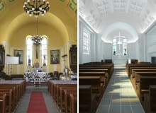 Kościół w Żórawinie. Z lewej - stan obecny. Z prawej - po rewitalizacji.