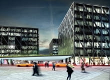 Płyta z zielonym dachem jest dodatkowo efektownym zadaszeniem strefy wejściowej biurowców. Galeria Południe w Katowicach. Projekt Medusa Group. katowice, biurowce, architektura, polska, medusa group