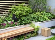 Elegancka podwyższona rabata pełna m.in. funkii i serduszek okazałych służy jednocześnie za oparcie ławki Elegancka podwyższona rabata pełna m.in. funkii i serduszek okazałych służy jednocześnie za oparcie ławki